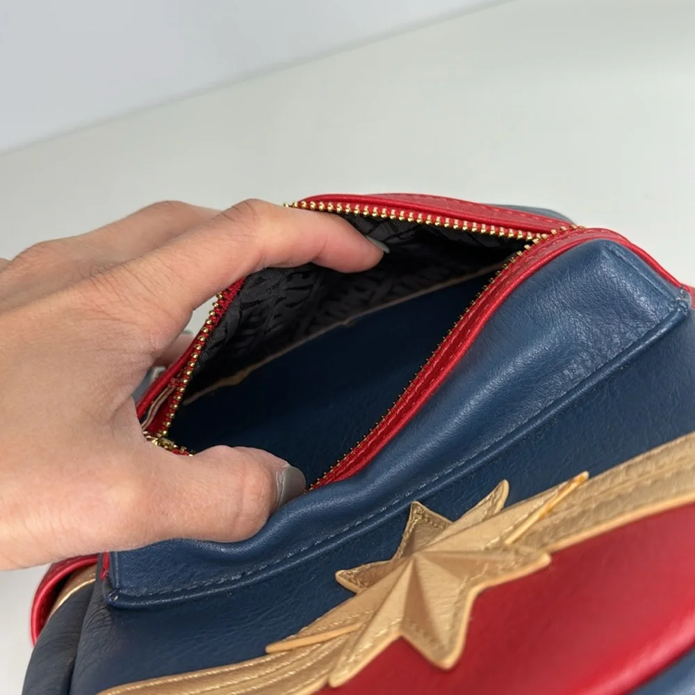 Loungefly marvel captain marvel gold red and blue backpack purse cosplay bag